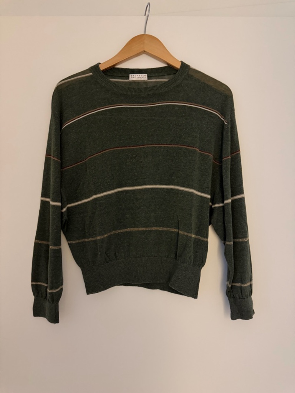 Brunello Cucinelli Green/Metalic Striped Lightweight Crewneck Sweater